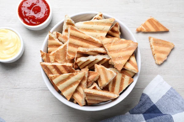 Delicious Pita Chips White Wooden Table Flat Lay — Stock Photo, Image