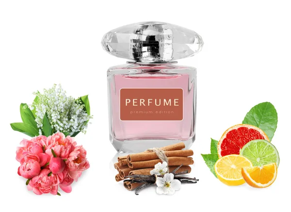 Flaska Parfym Blommor Och Kryddor Vit Bakgrund Collage — Stockfoto