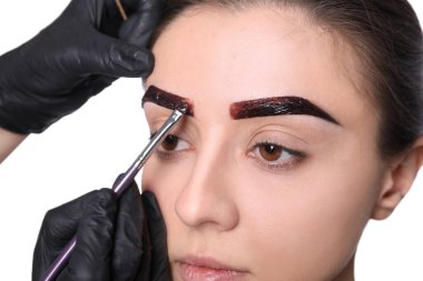 Güzellik uzmanı beyaz arkaplan üzerinde kaş düzeltme prosedürü sırasında renk uygulaması yapıyor, yakın plan