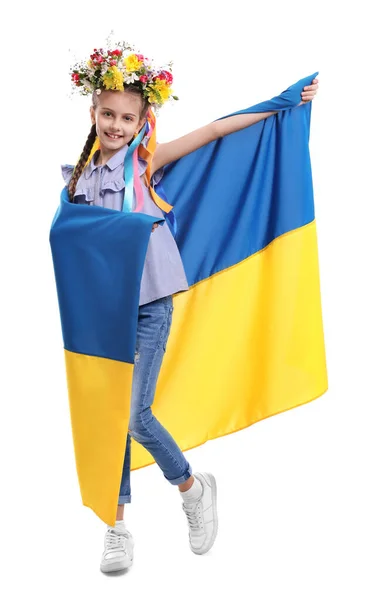 Fille Couronne Fleurs Avec Drapeau Ukraine Sur Fond Blanc — Photo