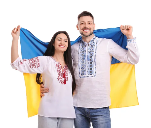 Gelukkig Paar Met Vlag Van Oekraïne Witte Achtergrond — Stockfoto