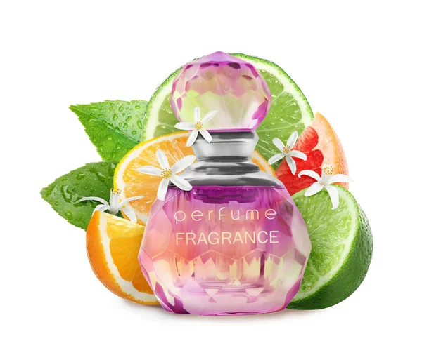 Butelka Perfum Zapachu Cytrusów Białym Tle — Zdjęcie stockowe