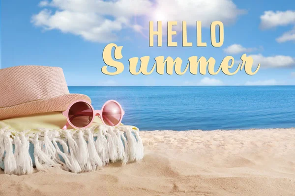 Hello Summer Hat Towel Sunglasses Sand Sea — Stock Photo, Image