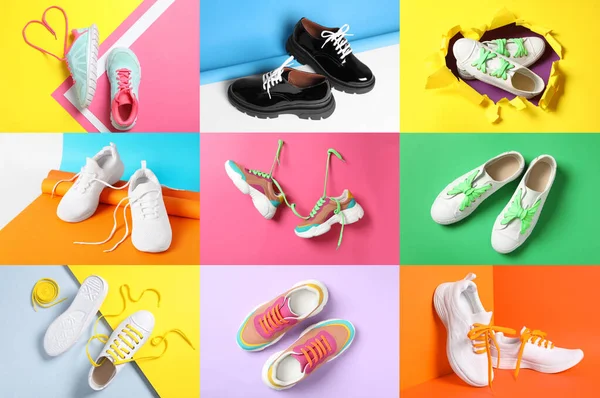 Zapatos Elegantes Con Cordones Brillantes Diferentes Fondos Color Collage —  Fotos de Stock