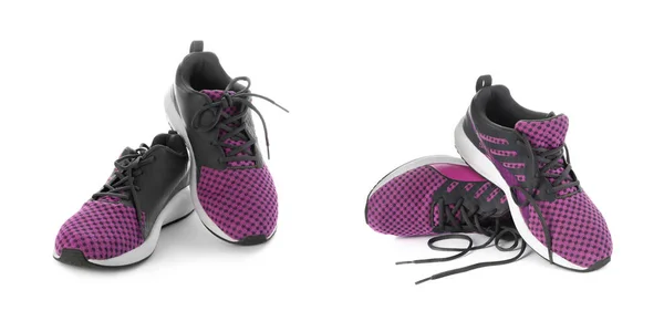 Stylish Purple Sneakers Black Shoelaces White Background Collage Banner Design — Stock Photo, Image