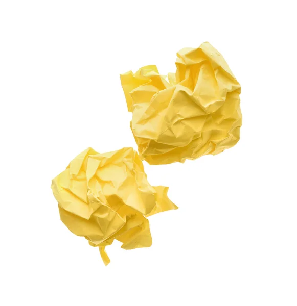 Zmačkané Listy Žlutého Papíru Bílém Pozadí Horní Pohled — Stock fotografie