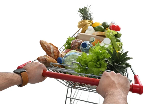 Uomo Con Carrello Pieno Generi Alimentari Sfondo Bianco Primo Piano — Foto Stock