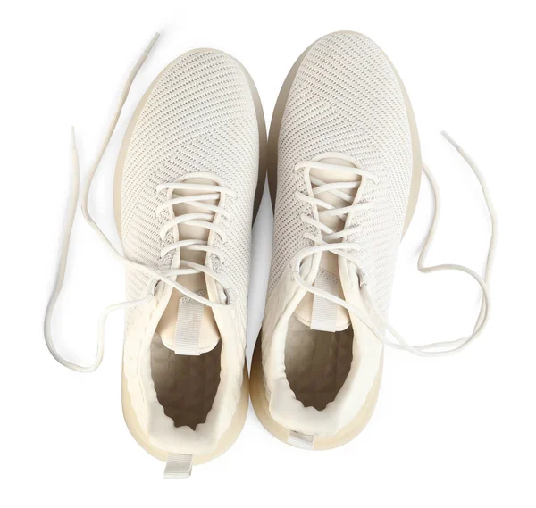 Sepasang Sepatu Bergaya Dengan Tali Pada Latar Belakang Putih Tampilan — Stok Foto
