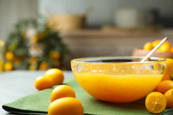 Delicious Kumquat Jam Bowl Fresh Fruits Table Closeup Space Text — Stock Photo, Image