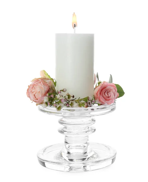 Glass Candlestick Burning Candle Floral Decor Isolated White — Stock Photo, Image