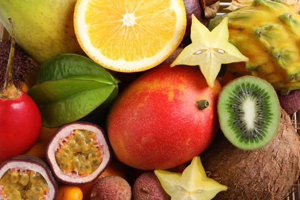Διαφορετικά Νόστιμα Εξωτικά Φρούτα Φόντο Top View — Φωτογραφία Αρχείου