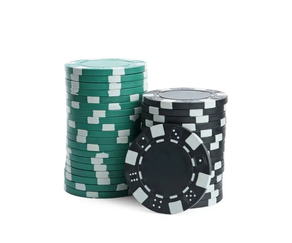 Plastic Casino Chips Gestapeld Witte Achtergrond Pokerspel — Stockfoto