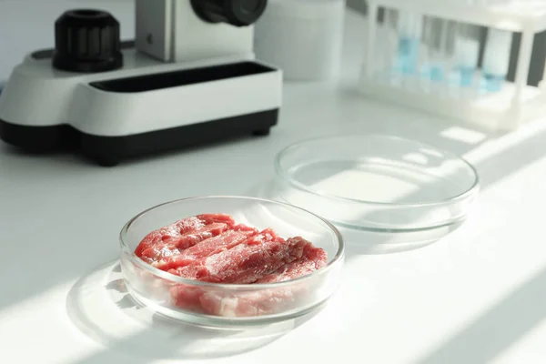 Laboratuvarda Beyaz Masada Çiğ Parçaları Bulunan Petri Kabı Metin Için — Stok fotoğraf