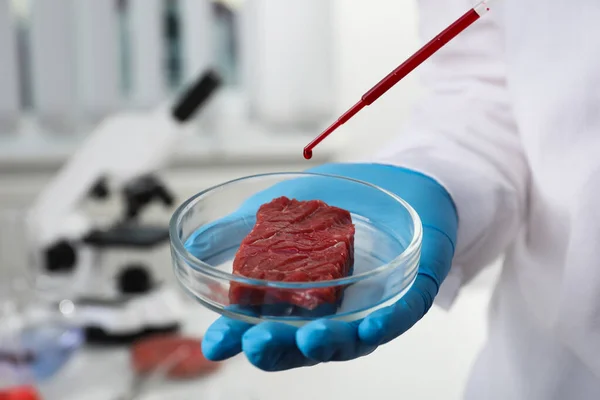 Cientista Pingando Líquido Vermelho Carne Cultivada Laboratório Close — Fotografia de Stock