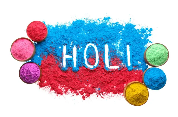 Colorful Powders Word Holi White Background Top View — Stock Photo, Image