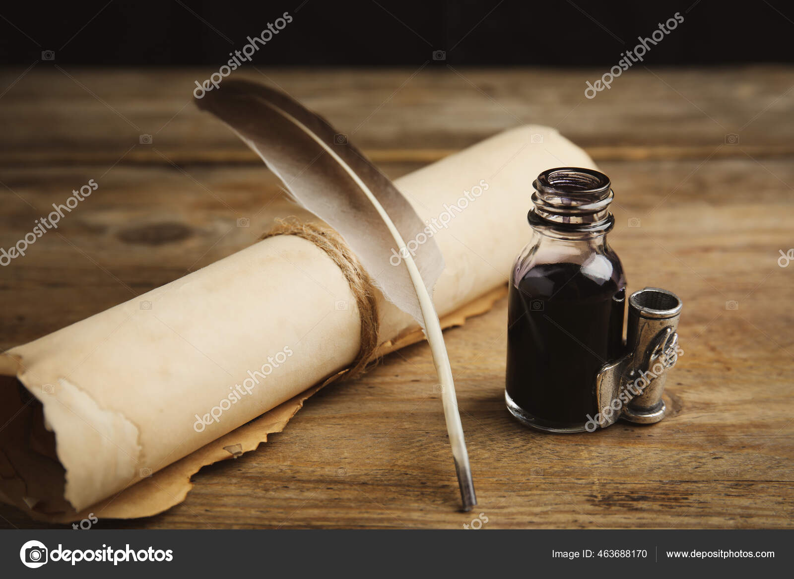 Feather Pen Bottle Ink Parchment Scroll Wooden Table — Stock Photo