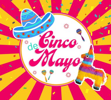 Cinco de Mayo festival posteri. Renk arkaplanındaki parlak komik pinata