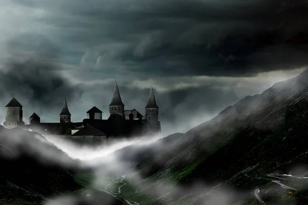 Fantasy World Mystical Castle Mountains Covering Fog Night Stock Photo