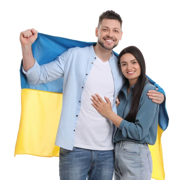 Couple Heureux Avec Drapeau Ukraine Sur Fond Blanc — Photo