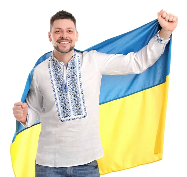 Homem Feliz Com Bandeira Ucrânia Fundo Branco — Fotografia de Stock