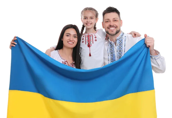 Happy Family National Clothes Flag Ukraine White Background — Stock Photo, Image