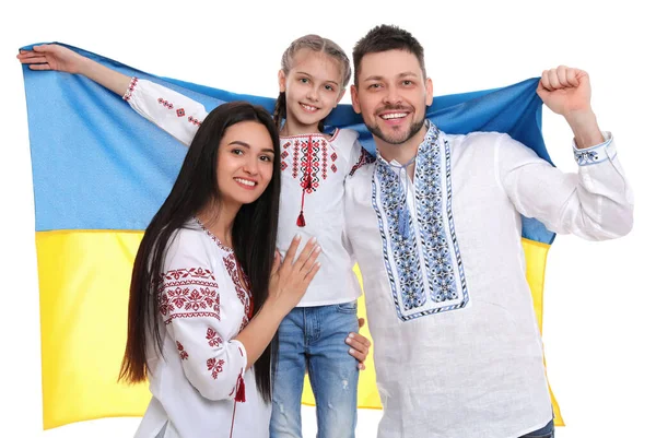 Beyaz Arka Planda Ukrayna Bayrağı Olan Ulusal Giysili Mutlu Bir — Stok fotoğraf