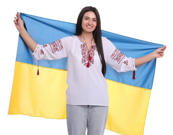 Молода Жінка Прапором України Білому Тлі — стокове фото