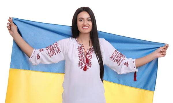 Young Woman Flag Ukraine White Background — Stock Photo, Image