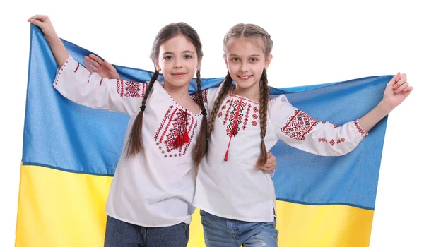 Meninas Felizes Roupas Nacionais Com Bandeira Ucrânia Fundo Branco — Fotografia de Stock