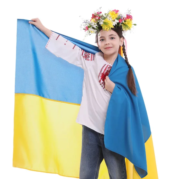 Menina Roupas Nacionais Com Bandeira Ucrânia Fundo Branco — Fotografia de Stock