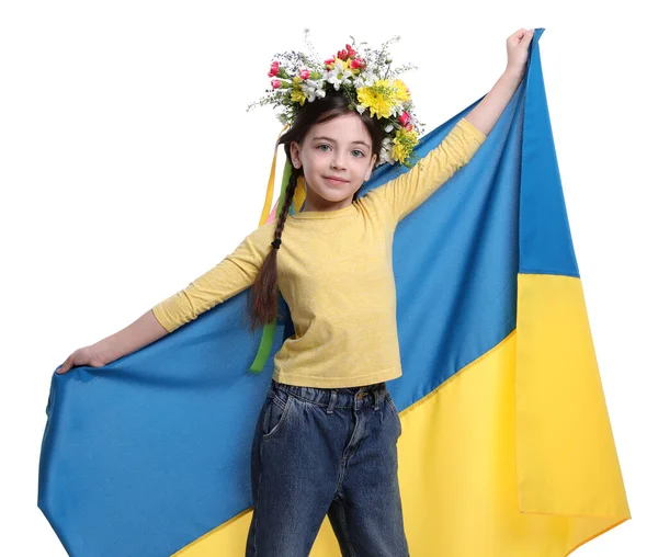 Menina Coroa Flores Com Bandeira Ucrânia Fundo Branco — Fotografia de Stock