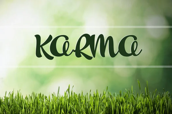 Word Karma Rozmazaném Zeleném Pozadí Efekt Bokeh — Stock fotografie
