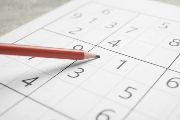 Sudoku Pencil Grey Table Closeup — Stock Photo, Image
