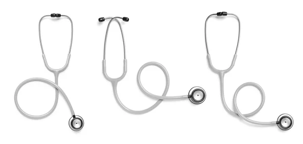 Set Met Stethoscopen Witte Achtergrond Bovenaanzicht Banner Ontwerp — Stockfoto