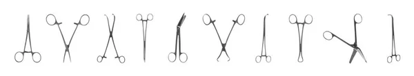 Σετ Διαφορετικά Χειρουργικά Εργαλεία Λευκό Φόντο Σχεδιασμός Banner — Φωτογραφία Αρχείου