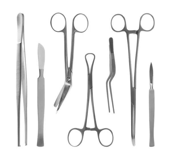 Set Met Verschillende Chirurgische Instrumenten Witte Achtergrond — Stockfoto