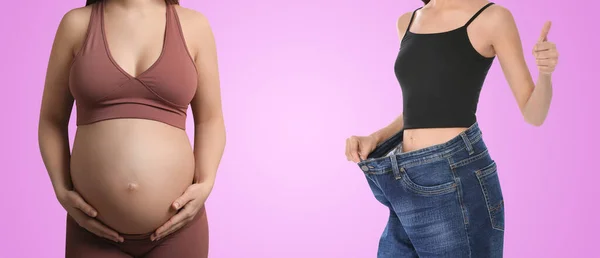 妇女分娩前后的背景是粉红色的 腹部的特写 大学生活 — 图库照片