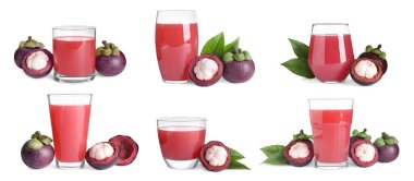 Lezzetli mangosteen suyu ve beyaz arka planda taze meyvelerle dolu. Pankart tasarımı 