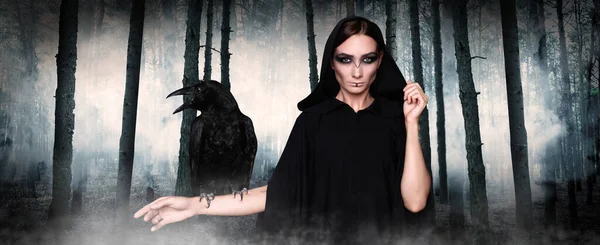 Таинственная Ведьма Вороном Туманном Лесу Дизайн Плаката Мир Фантазий — стоковое фото
