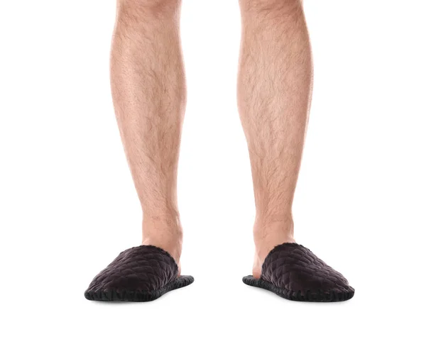 Man Warm Soft Slippers White Background Closeup — Stock Photo, Image