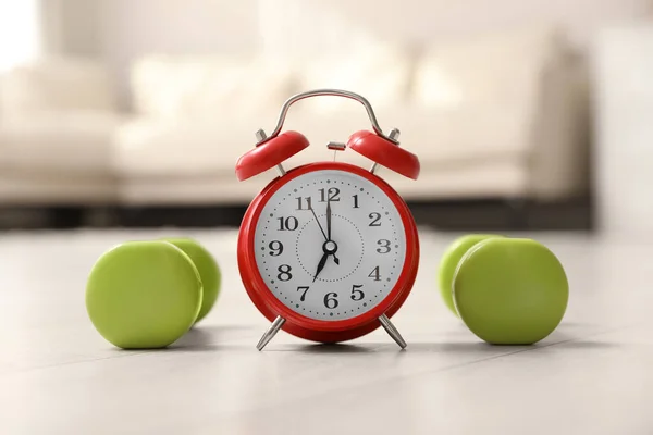 Alarm Clock Dumbbells Wooden Floor Indoors Morning Exercise — Stock Photo, Image