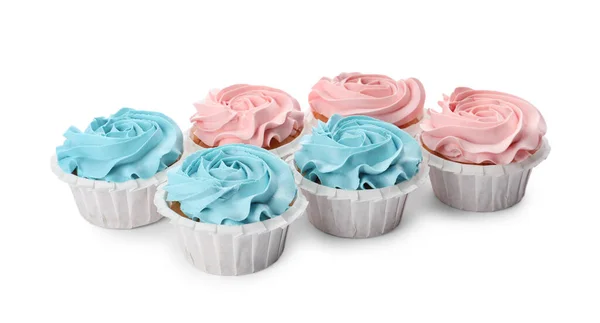 Baby Cupcake Doccia Con Crema Azzurra Rosa Sfondo Bianco — Foto Stock