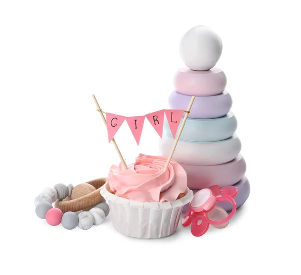 Baby Shower Cupcake Mit Girl Topper Der Nähe Schnuller Und — Stockfoto