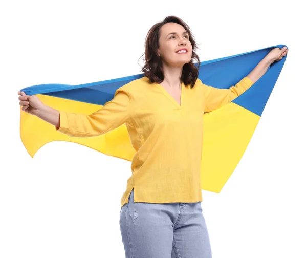 Mulher Feliz Com Bandeira Ucrânia Fundo Branco — Fotografia de Stock