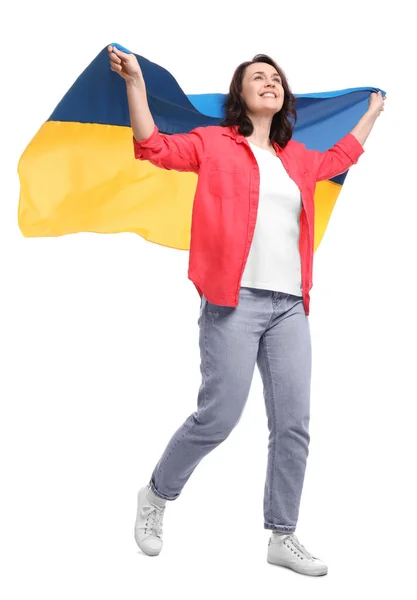 Mulher Feliz Com Bandeira Ucrânia Fundo Branco — Fotografia de Stock