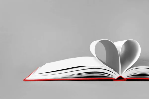 Open Book Pages Folded Heart Grey Background Closeup Space Text — Stock Photo, Image