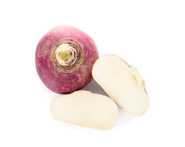 Cut Whole Fresh Ripe Turnips White Background Top View — Stock Photo, Image