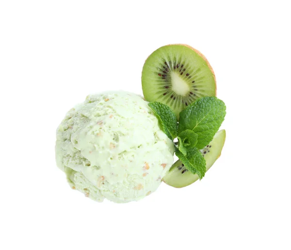 Schöpflöffel Leckeres Eis Mit Kiwi Früchten Und Minze Auf Weißem — Stockfoto