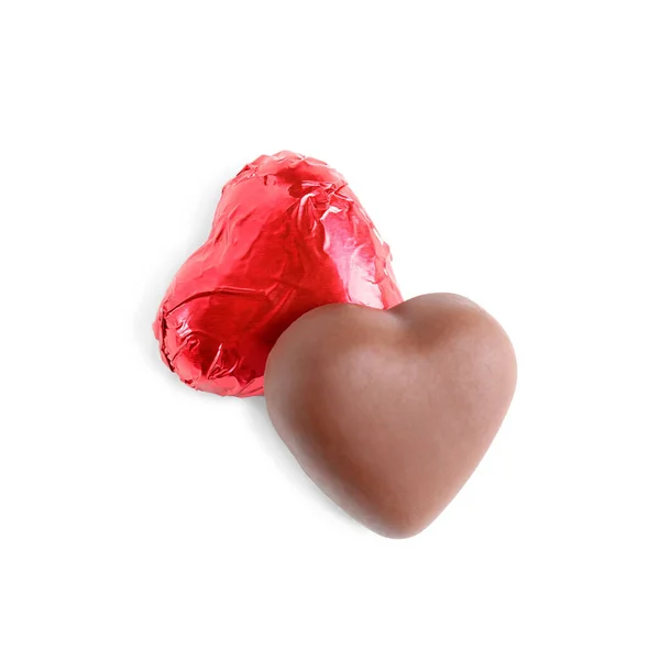 Szív Alakú Csokoládé Cukorka Fehér Háttér Felső Nézet — Stock Fotó