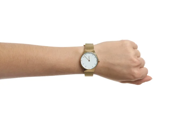 Mulher Usando Relógio Pulso Luxo Fundo Branco Close — Fotografia de Stock